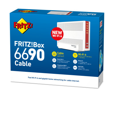 2de keus - Nieuwstaat: FRITZ!Box 6690 CABLE RETAIL INTERNATIONAL draadloze router 10 Gigabit Ethernet Dual-band (2.4 GHz / 5 GHz) Wit