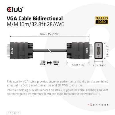 Club 3D VGA CABLE BIDIRECTIONAL M/M 10m 28AWG