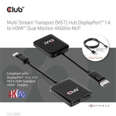 Club 3D DP 1.4 TO 2 HDMI  SUPPORTS UP TO 2 4K60HZ - USB POWERED
