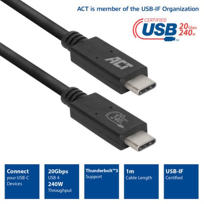 ACT AC7431 câble USB 1 m USB4 Gen 2x2 USB C Noir