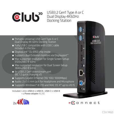 CLUB3D CSV-1460 station d'accueil Avec fil USB 3.2 Gen 1 (3.1 Gen 1) Type-A Noir