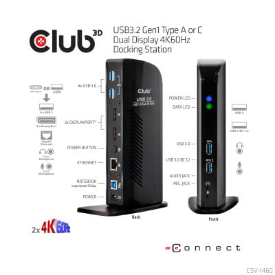 CLUB3D CSV-1460 station d'accueil Avec fil USB 3.2 Gen 1 (3.1 Gen 1) Type-A Noir