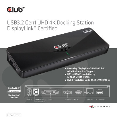 CLUB3D SenseVision USB3.0 4K Docking Station Wired USB 3.2 Gen 1 (3.1 Gen 1) Type-A Black