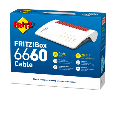 FRITZ!Box FRITZ! BOX 6660 Cable routeur sans fil Gigabit Ethernet Bi-bande (2,4 GHz / 5 GHz) Noir, Rouge, Blanc
