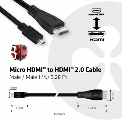 CLUB3D CAC-1351 HDMI cable HDMI Type D (Micro) HDMI Type A (Standard) Black