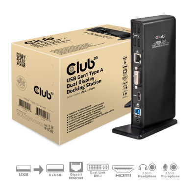 CLUB3D SenseVision USB3.0 Dual Display Docking Station Wired USB 3.2 Gen 1 (3.1 Gen 1) Type-A Black