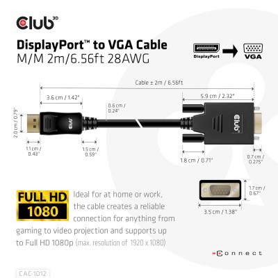 CLUB3D CAC-1012 câble vidéo et adaptateur 2 m DisplayPort VGA (D-Sub) Noir
