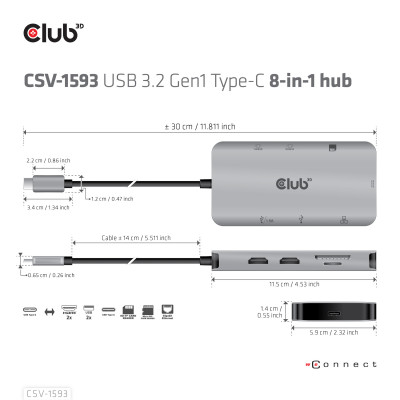 CLUB3D CSV-1593 hub & concentrateur USB 3.2 Gen 1 (3.1 Gen 1) Type-C 16200 Mbit/s Métallique