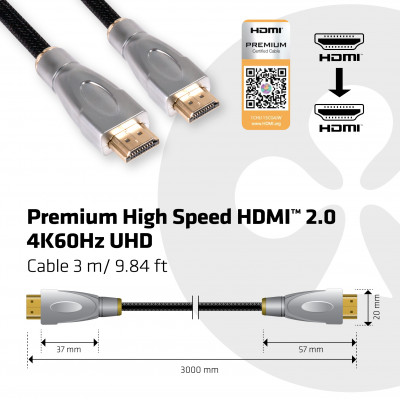 CLUB3D HDMI™ 2.0 High Speed Cable 3Meter UHD 4K/60Hz câble HDMI 3 m HDMI Type A (Standard) Noir, Argent