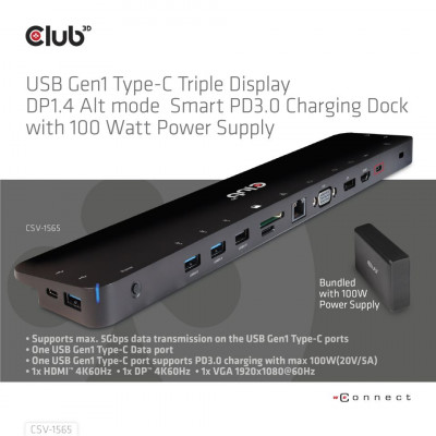 CLUB3D CSV-1565 notebook dock/port replicator Docking USB 3.2 Gen 1 (3.1 Gen 1) Type-C Black