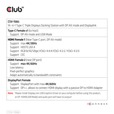 CLUB3D CSV-1566 station d'accueil USB 3.2 Gen 1 (3.1 Gen 1) Type-C Noir
