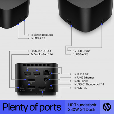 HP Thunderbolt Dock 280W G4 w/Combo Cable Avec fil Thunderbolt 4 Noir