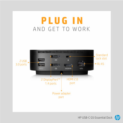 HP USB-C G5 Essential Dock Avec fil USB 3.2 Gen 1 (3.1 Gen 1) Type-C Noir