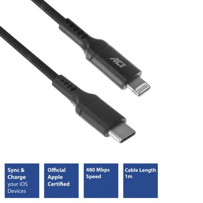 USB-C charging/data cable - Lightning male 1 meter MFI certified