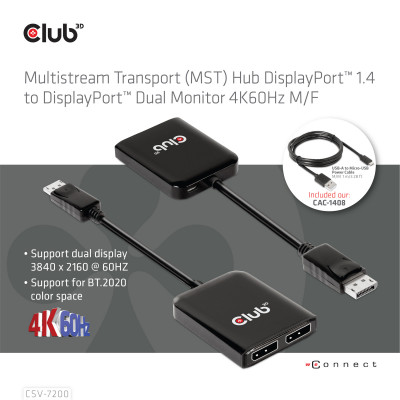 Club 3D DP 1.4 TO 1 DISPLAYPORT and 1 HDMI SUPPORTS UP TO 2*4K60HZ - USB POWERED