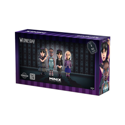 Minix - TV Series - Mercredi - Pack de 4 - Mercredi, Mercredi en robe, Enid, Bianca - Figurine 12cm