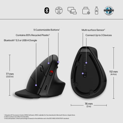 HP 920 Ergonomic Vertical mouse Right-hand Bluetooth + USB Type-A 4000 DPI