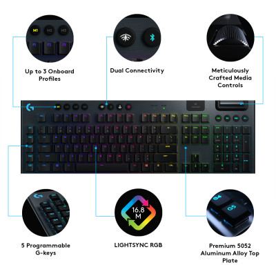 Logitech G G915 LIGHTSPEED Wireless RGB Mechanical Gaming Keyboard - GL Tactile toetsenbord RF-draadloos + Bluetooth Zwitsers Koolstof