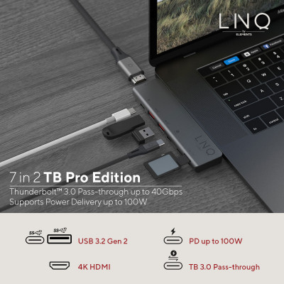 LINQ byELEMENTS LQ48012 interface hub 2 x USB 3.2 Gen 2 (3.1 Gen 2) Type-C 40000 Mbit/s Grey