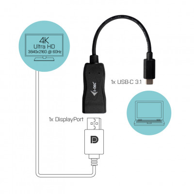 i-tec C31DP60HZP video cable adapter 0.15 m USB-C 3.1 DisplayPort Black