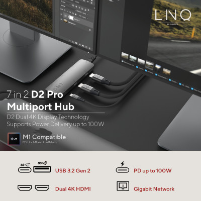 LINQ byELEMENTS LQ48011 interface hub 2 x USB 3.2 Gen 2 (3.1 Gen 2) Type-C 10000 Mbit/s Zwart, Grijs