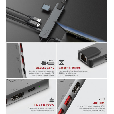 LINQ byELEMENTS LQ48010 hub & concentrateur USB 3.2 Gen 2 (3.1 Gen 2) Type-C 10000 Mbit/s Noir, Gris