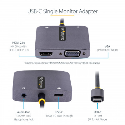 StarTech.com 122-USBC-HDMI-4K-VGA adaptateur graphique USB 3840 x 2160 pixels Gris