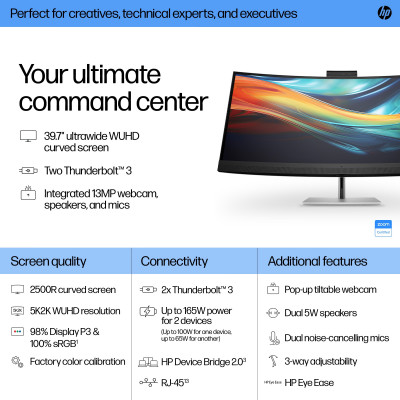 HP Series 7 Pro 39.7 inch 5K2K Conferencing Monitor-740pm computer monitor 100,8 cm (39.7") 5120 x 2160 Pixels 5K Ultra HD Zwart, Zilver