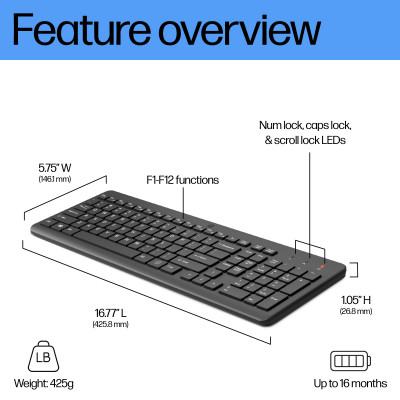HP 225 Wireless keyboard RF Wireless QWERTY Black