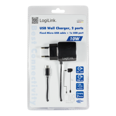 LOGILINK USB WALL CHARGER , 1+1 PORT, 10W, BLACK
