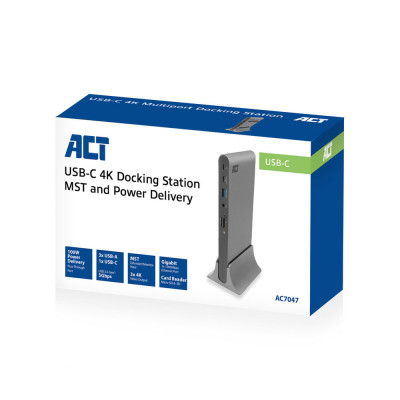 ACT Docking MST 4K 60Hz 2xHDMI, DisplayPort, Gigabit Ethernet, 3xUSB-A 3.2, 3xUSB-C, PD Pass-through, card-reader, Audio, incl power supply