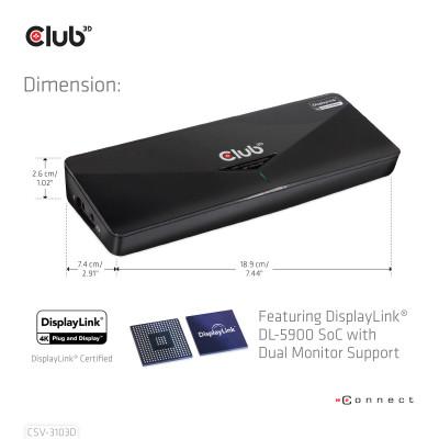 CLUB3D SenseVision USB3.0 4K Docking Station Bedraad USB 3.2 Gen 1 (3.1 Gen 1) Type-A Zwart