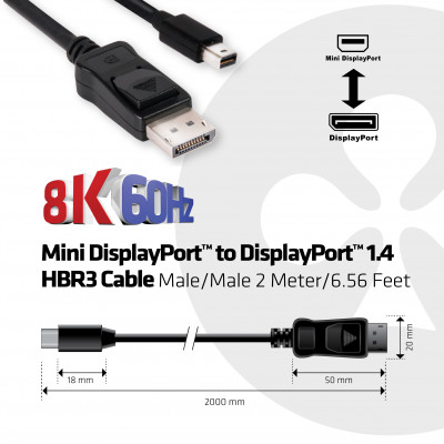 CLUB3D MINI DISPLAY PORT 1.4 MALE TO DISPLAYPORT 1.4 MALE CABLE 2METER 2 m Noir