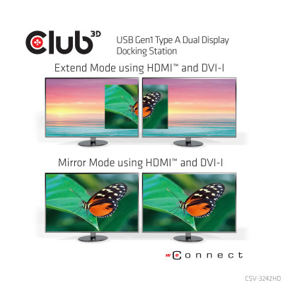 CLUB3D SenseVision USB3.0 Dual Display Docking Station Bedraad USB 3.2 Gen 1 (3.1 Gen 1) Type-A Zwart