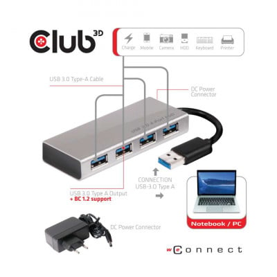 CLUB3D csv-1431 Station d'accueil USB 3.2 Gen 1 (3.1 Gen 1) Type-A Noir, Argent