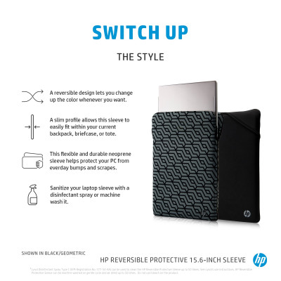 HP Reversible Protective 15.6-inch Geo Laptop Sleeve notebooktas 39,6 cm (15.6") Opbergmap/sleeve Zwart, Grijs
