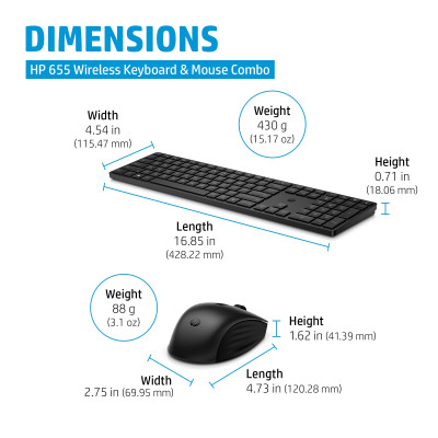 HP 655 Wireless Keyboard and Mouse Combo toetsenbord Inclusief muis RF Draadloos Zwart