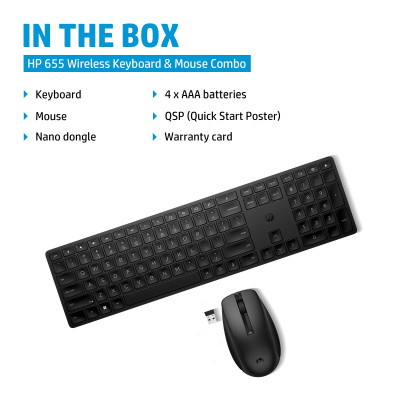 HP 655 Wireless Keyboard and Mouse Combo clavier Souris incluse RF sans fil Noir