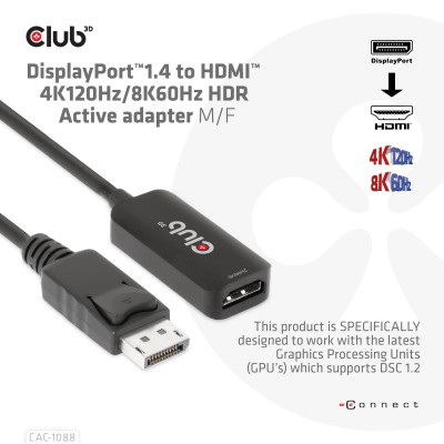 Club 3D DisplayPort 1.4 to HDMI 4K120Hz/8K60Hz HDR Active adapter M/F