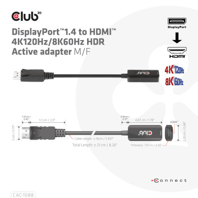 Club 3D DisplayPort 1.4 to HDMI 4K120Hz/8K60Hz HDR Active adapter M/F
