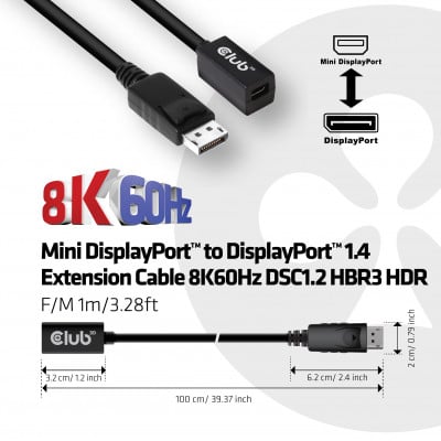 Club 3D MINIDISPLAY PORT 1.4 TO DISPLAYPORT EXTENSION CABLE 8K60HZ EXTENSION CABLE F/M 1m/3.28ft