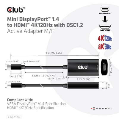 Club 3D MINI DISPLAYPORT 1.4 TO HDMI 4K120HZ HDR ACTIVE ADAPTER M/F