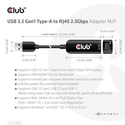 Club 3D USB TYPE A 3.1 GEN 1 TO RJ45 2.5GB ETHERNET ADAPTER