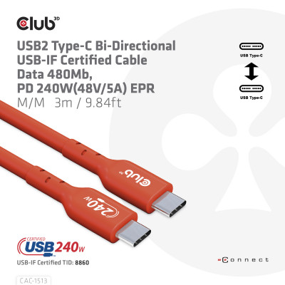 Club 3D USB2 Type-C Bi-Directional USB-IF Certified Cable Data 480Mb PD 240W(48V/5A) EPR M/M 3m / 9.84 ft