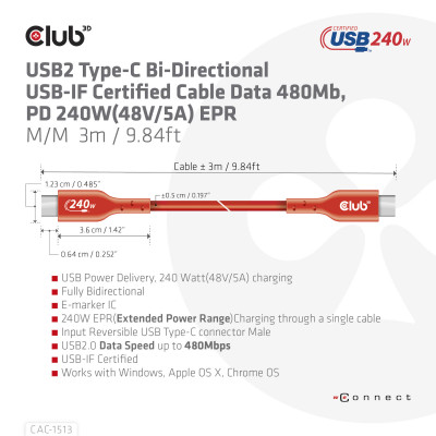 Club 3D USB2 Type-C Bi-Directional USB-IF Certified Cable Data 480Mb PD 240W(48V/5A) EPR M/M 3m / 9.84 ft