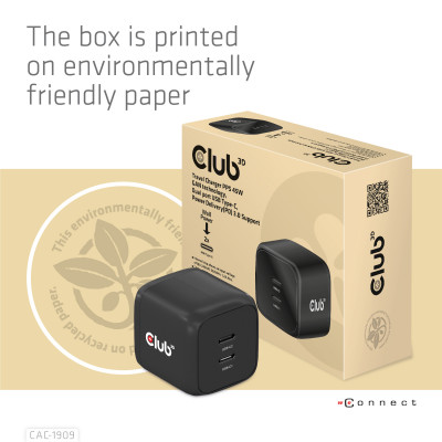 Club 3D Travel Charger PPS 45W GAN technology Dual port USB Type-C Power Delivery(PD) 3.0 Support
