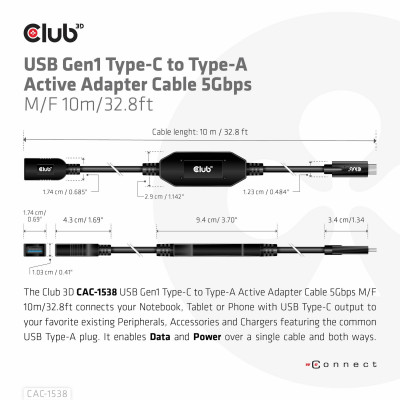 Club 3D USB GEN1 TYPE-C TO TYPE-A CABLE 5 GBPS M/F 10M/32.8FT
