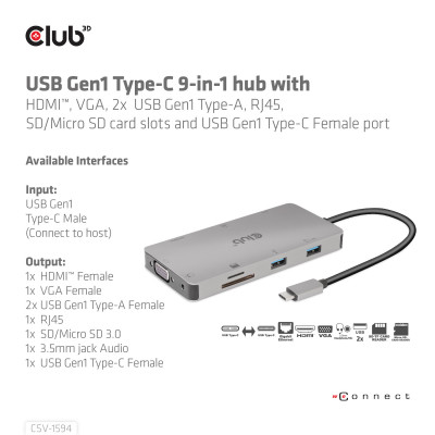 Club 3D USB GEN1 TYPE-C 9-IN-1 HUB WITH HDMI  VGA  2X  USB GEN1 TYPE-A  RJ45  SD/MICRO SD CARD SLOTS AND USB GEN1 TYPE-C FEMALEPORT
