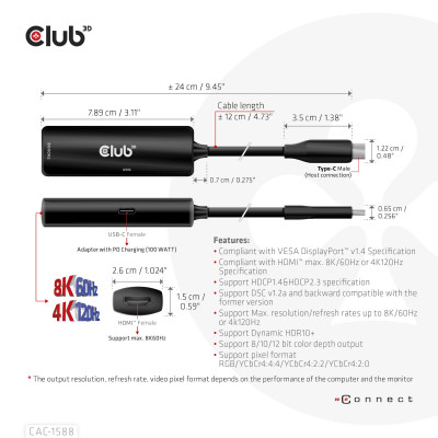 Club 3D USB Gen2 Type C to HDMI 8K60Hz or 4K120Hz HDR10 with DSC 1.2 and PD 100W ActiveAdapter M/F
