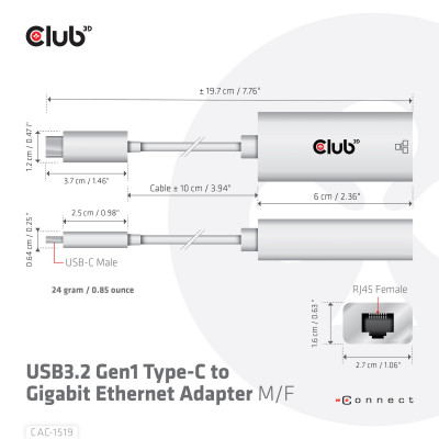 Club 3D USB TYPE C 3.1 GEN 1 GEN 1  MALE  TO 1GB ETHERNET FEMALE Active Adapter
